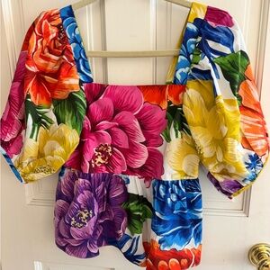 Farm Rio Multicolor Puff Sleeve Cropped Blouse